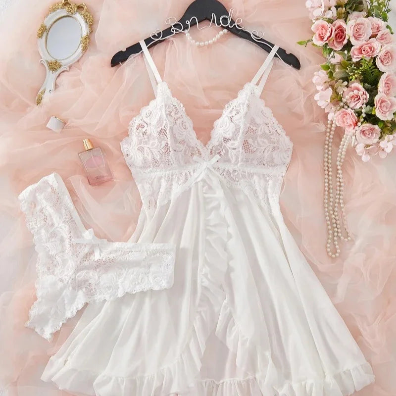 Lace Bra & Slip Nightdress Set — Wire-Free Sexy Sleepwear