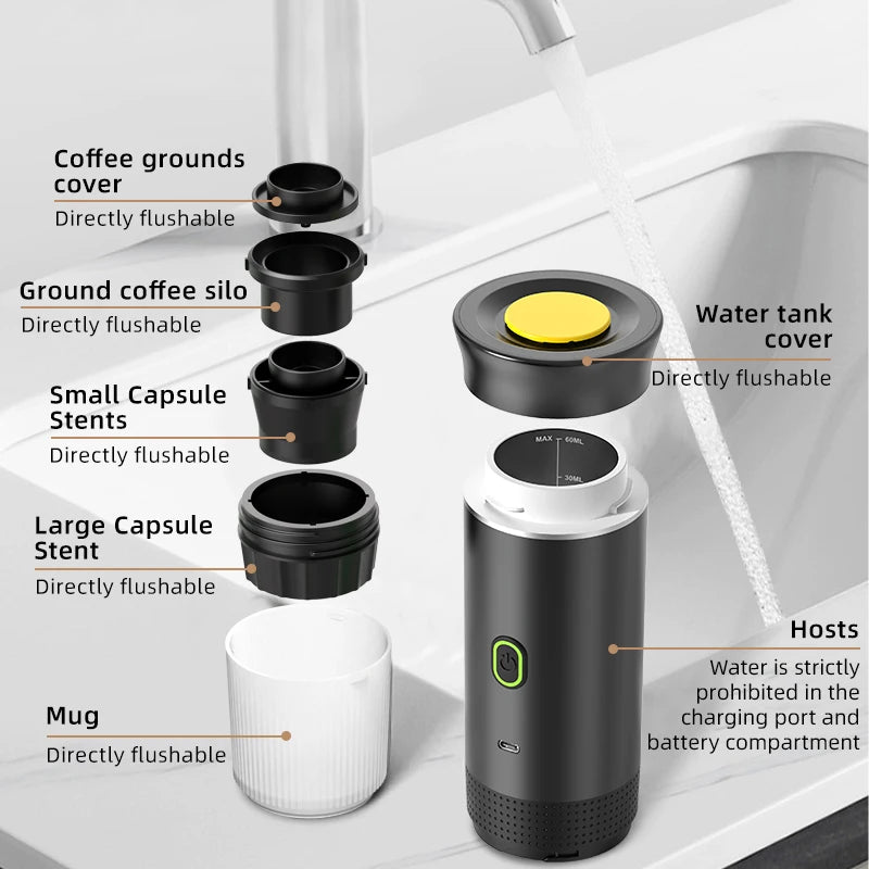 DENOKIN 3-in-1 Portable Espresso Coffee Machine — 20 Bar Pressure, USB-C Charging, Capsule & Ground Coffee Compatible for Travel, Car & Home