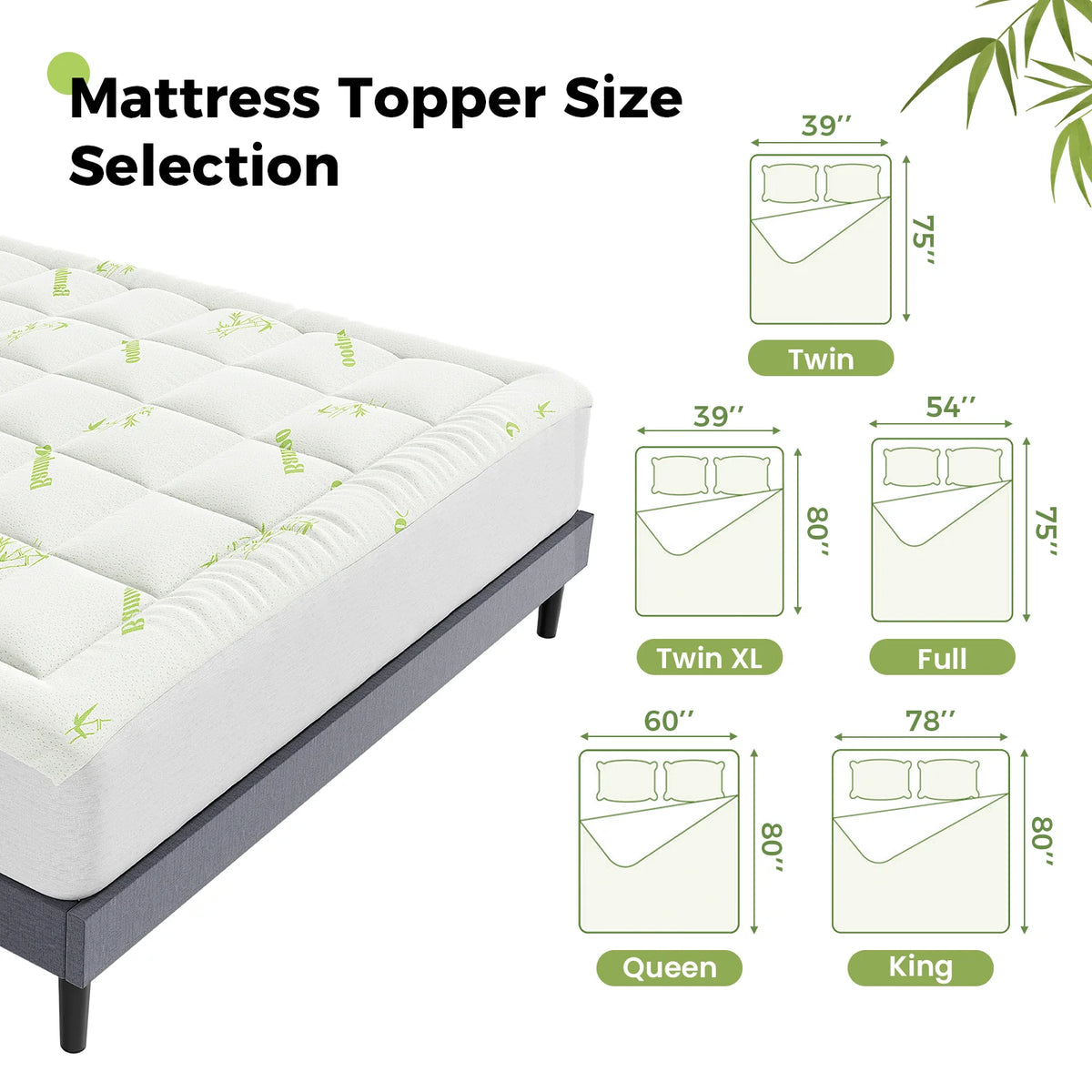Bamboo Fiber Mattress Topper – 400g Thick Cooling Pad for Back Pain Relief with Deep Pocket Fit