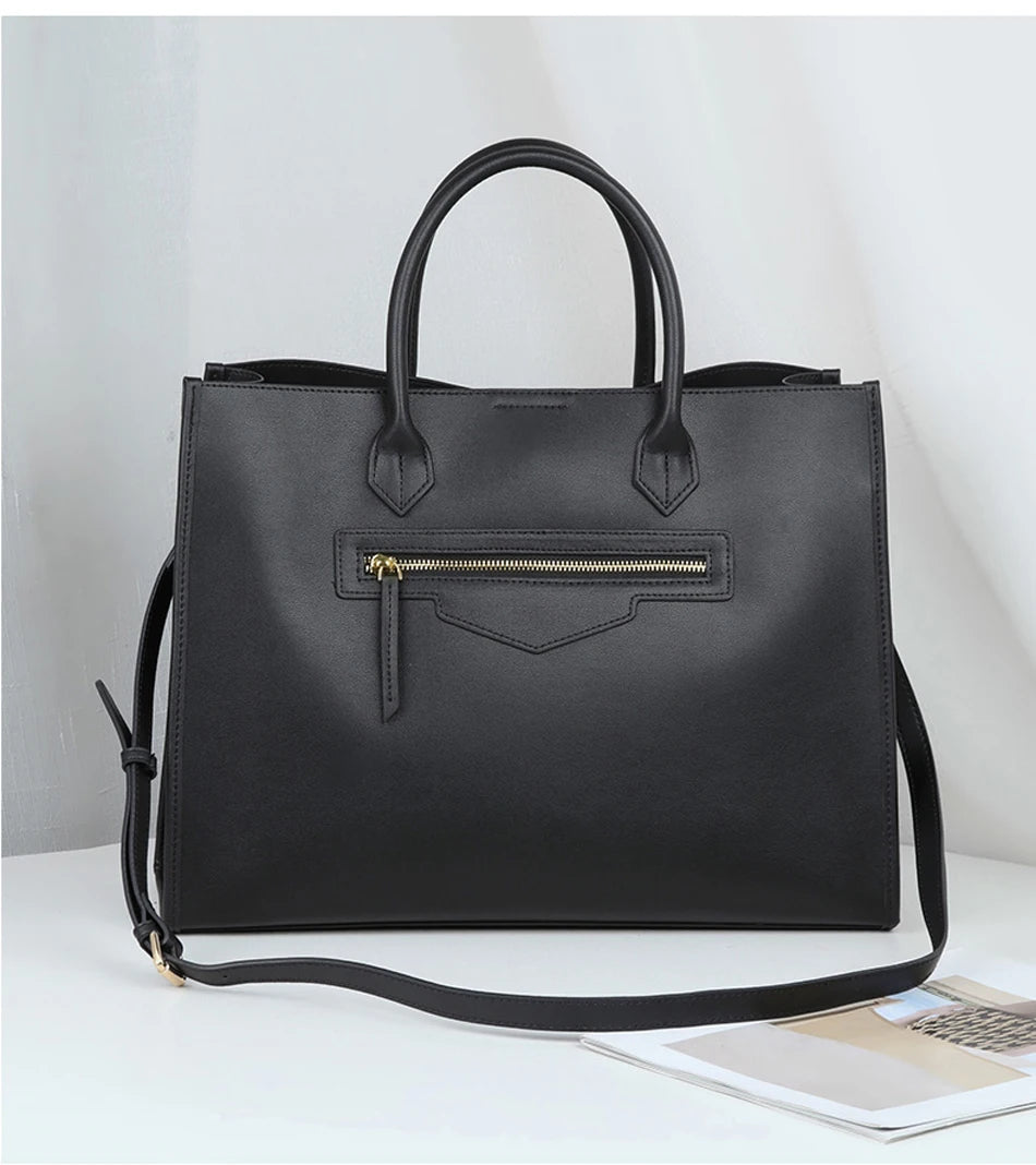 Luxury Cowhide Leather Tote Bag – Large Capacity Shoulder Bag with Laptop Compartment for Women