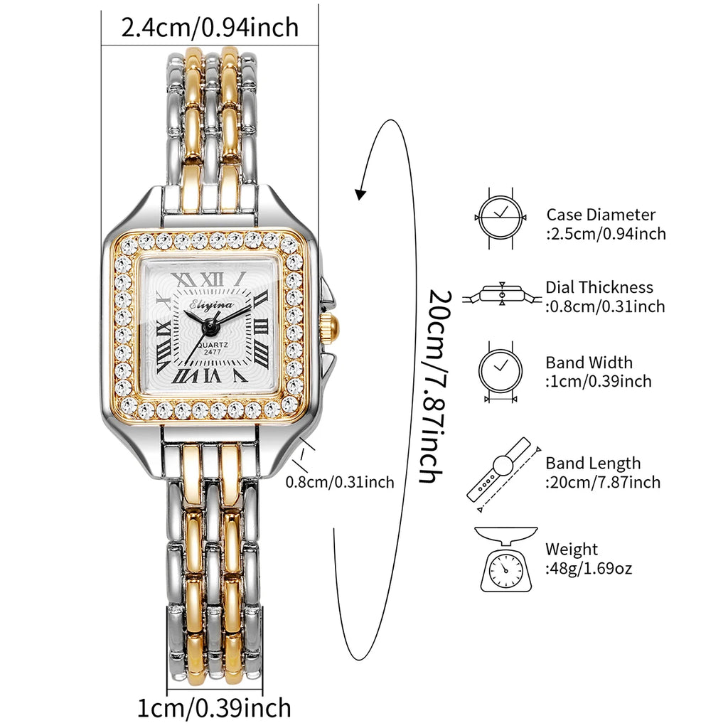 Women's Elegant Rhinestone Square Quartz Watch | Roma Dial Fashion Ladies Wristwatch