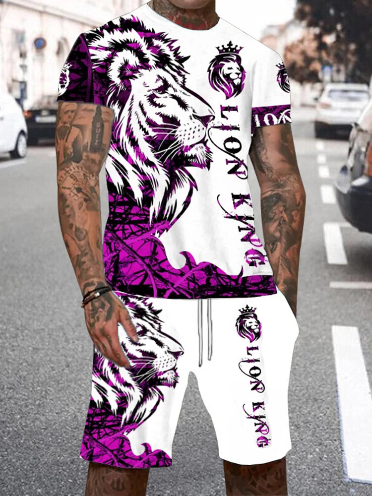 Men's Lion King 3D Print T-Shirt & Drawstring Shorts Set – Casual Outdoor Camping 2-Piece