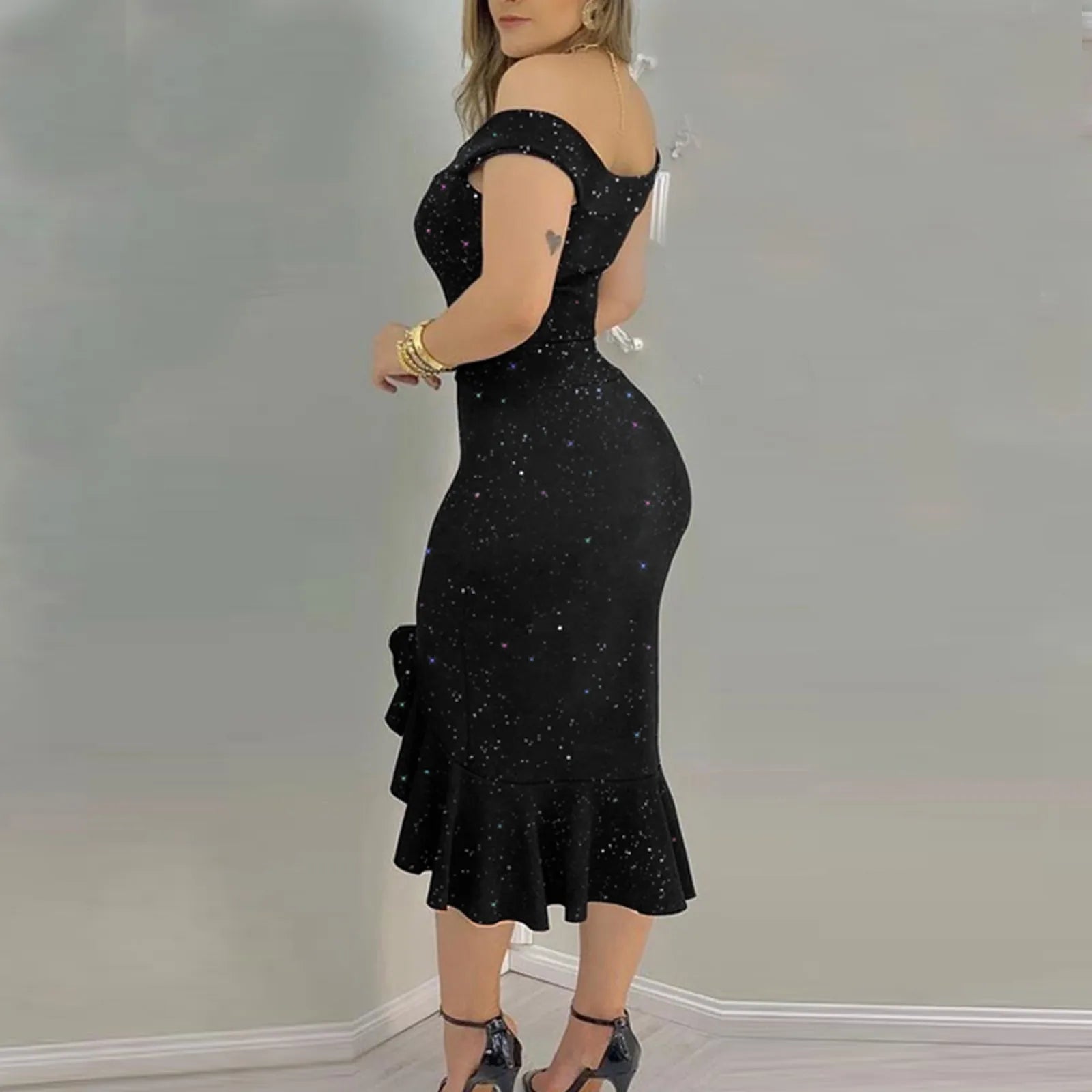 Off Shoulder Sequin Ruffle Irregular Evening Dress — Masquerade Party Dress
