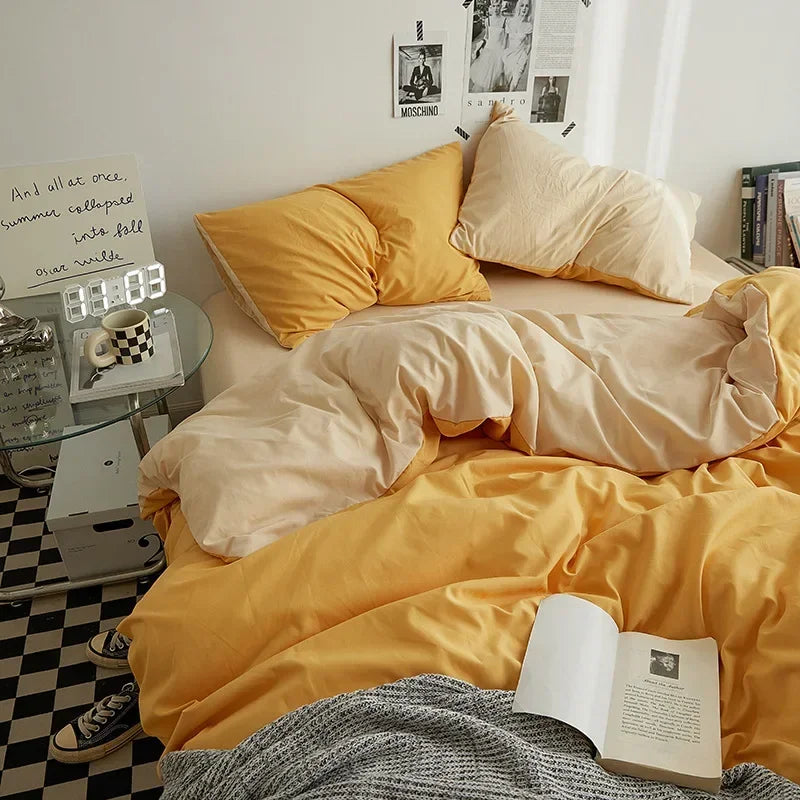 Solid Color Washed Cotton Bedding Set – 4-Piece Duvet Cover, Bed Sheet & Pillowcases, Twin to King