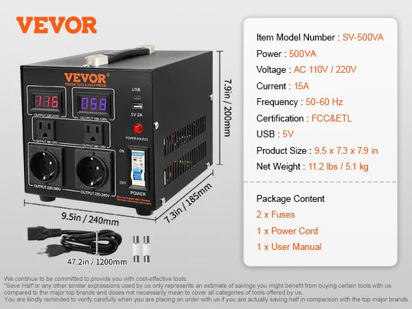 Heavy Duty Voltage Converter Transformer — 2000VA/3000VA/5000VA Step Up/Down, US & EU Outlets