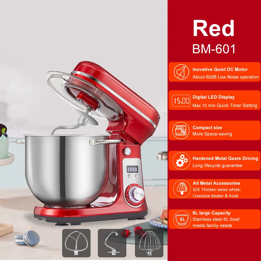 6L 1200W Stand Mixer — Quiet DC Motor, 6-Speed, Dough Kneader & Egg Whisk