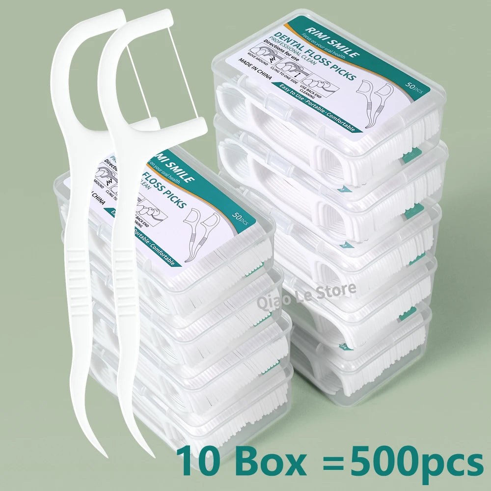 Clean Between Every Tooth. — Portable Disposable Dental Floss Picks | High-Tension Floss Sticks, 50pcs per Box, 1, 2, 3, 5 & 10 Box Options
