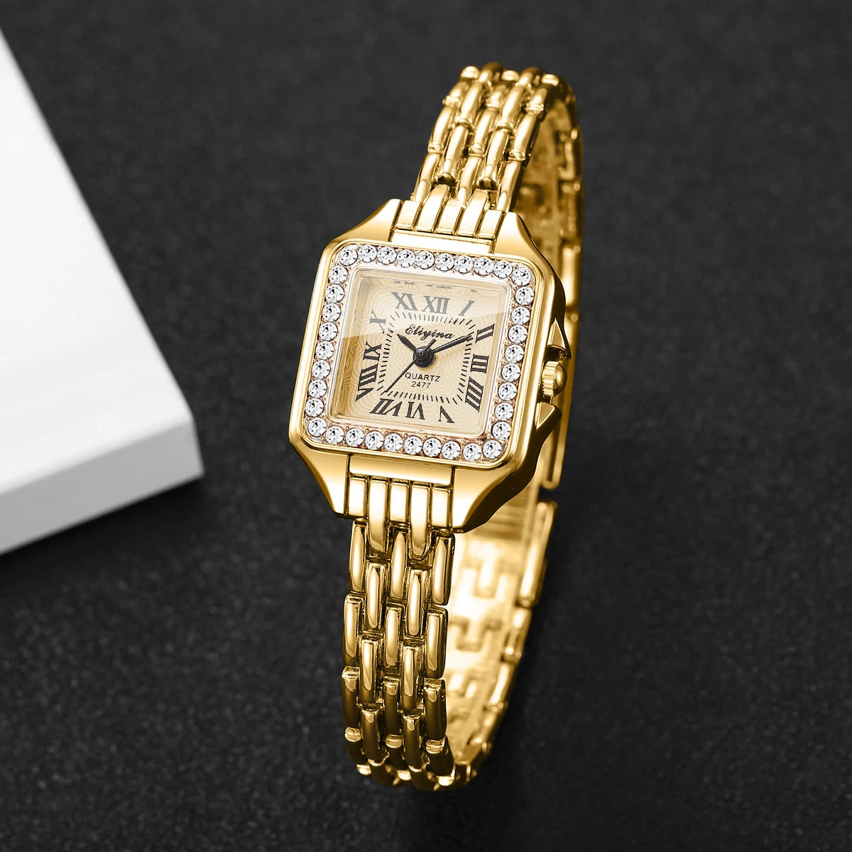 Women's Elegant Rhinestone Square Quartz Watch | Roma Dial Fashion Ladies Wristwatch