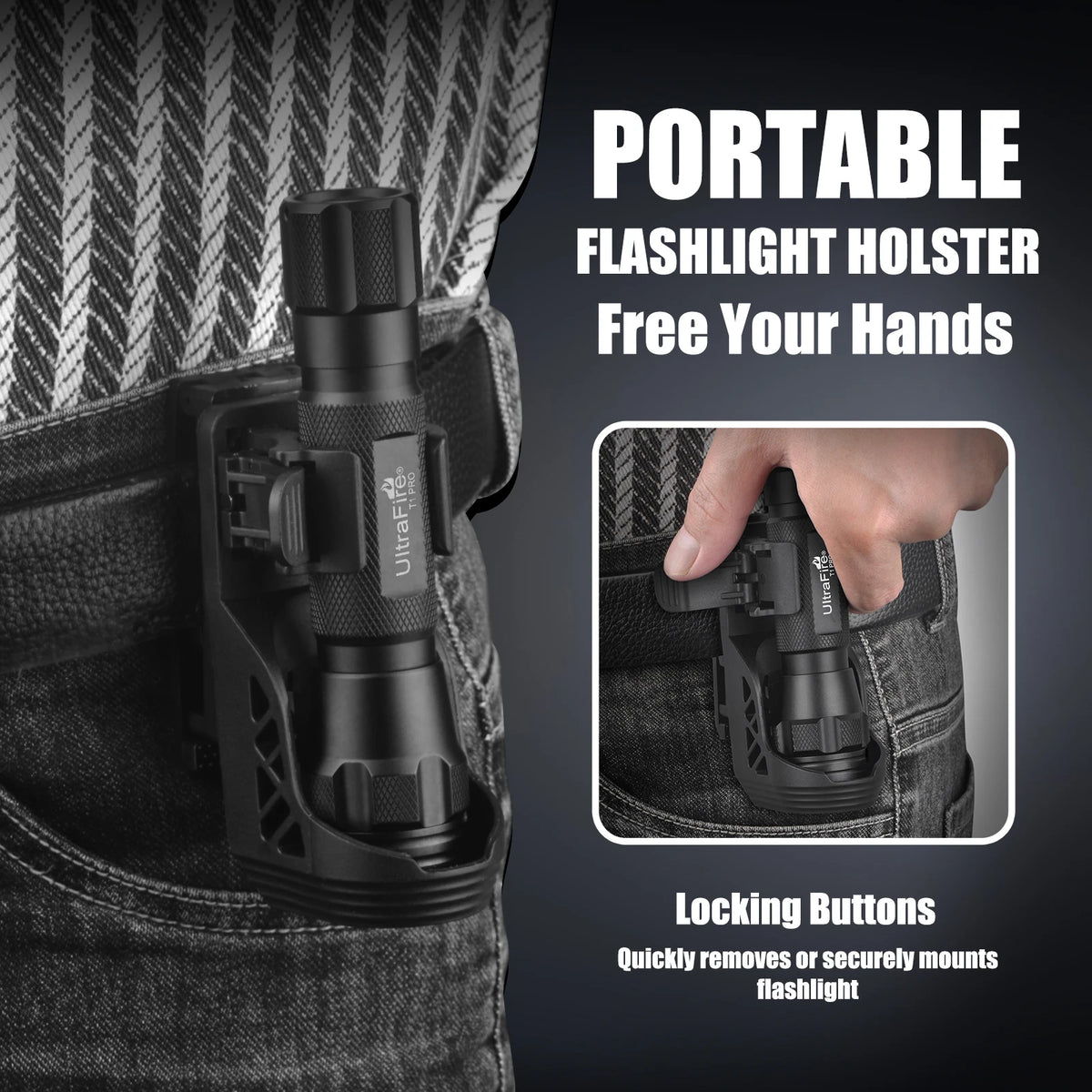 UltraFire T1 Pro Tactical Flashlight – 1200 Lumen, 5 Modes, W66 Belt Holster, IP65, 18650 Rechargeable