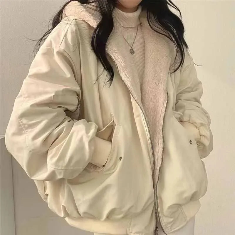 Women's Hooded Fleece Parka – Thick Zip-Up Korean Loose Winter Coat