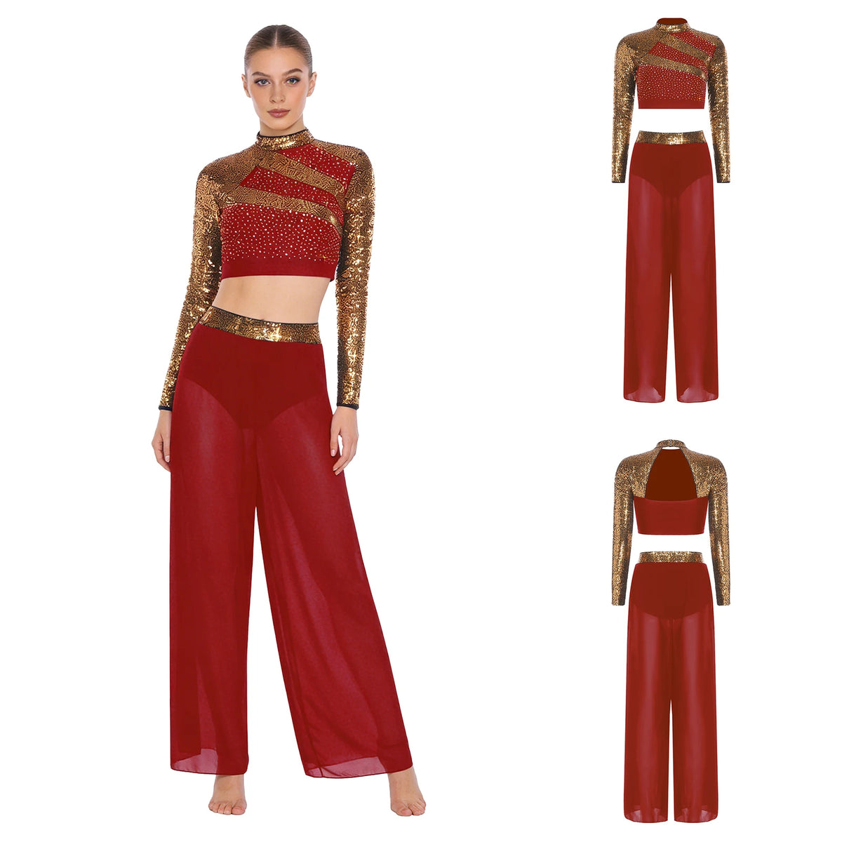 Women's Dance Performance Costume – Shiny Crop Top & Sheer Pants for Skating, Gymnastics & Ballet