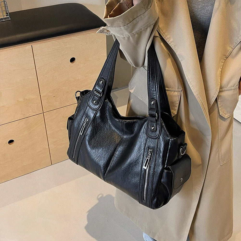 PU Leather Tote Bag with Zipper for Women — Multi-Pocket Shoulder Bag, Retro Crossbody Handbag
