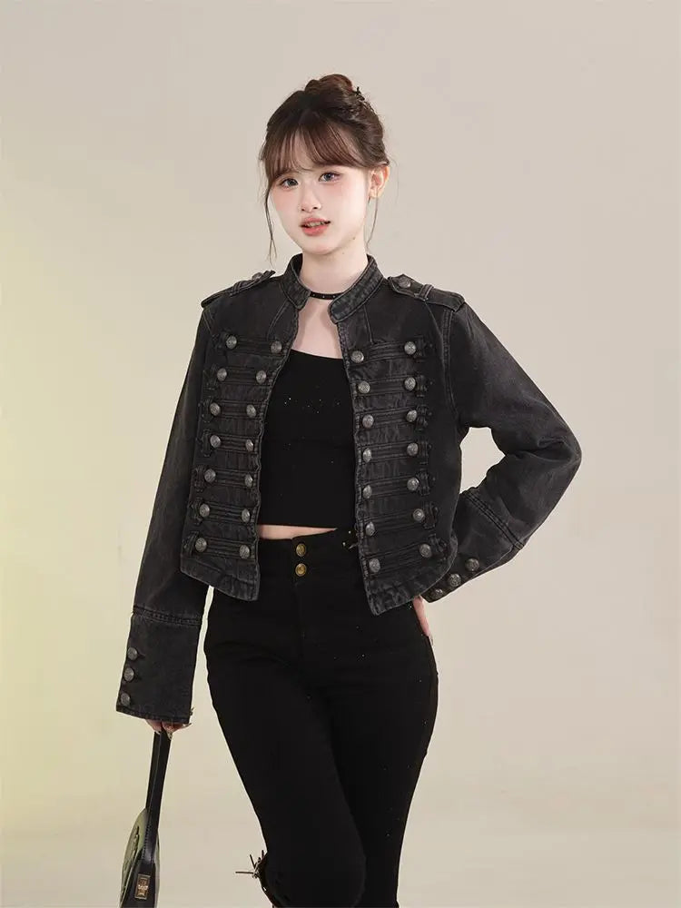 Women's Retro Button Slim Stand Collar Denim Jacket – Short Jean Coat in Black