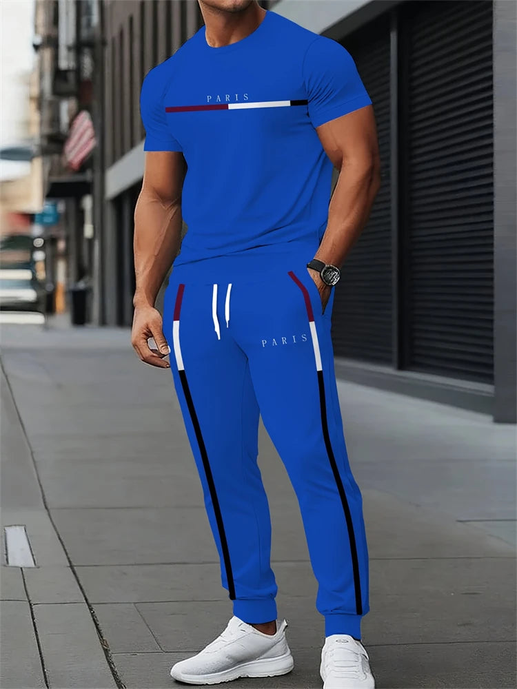 Men's Letter Print Round Neck Short Sleeve & Drawstring Long Pants Plus Size 2-Piece Outfit