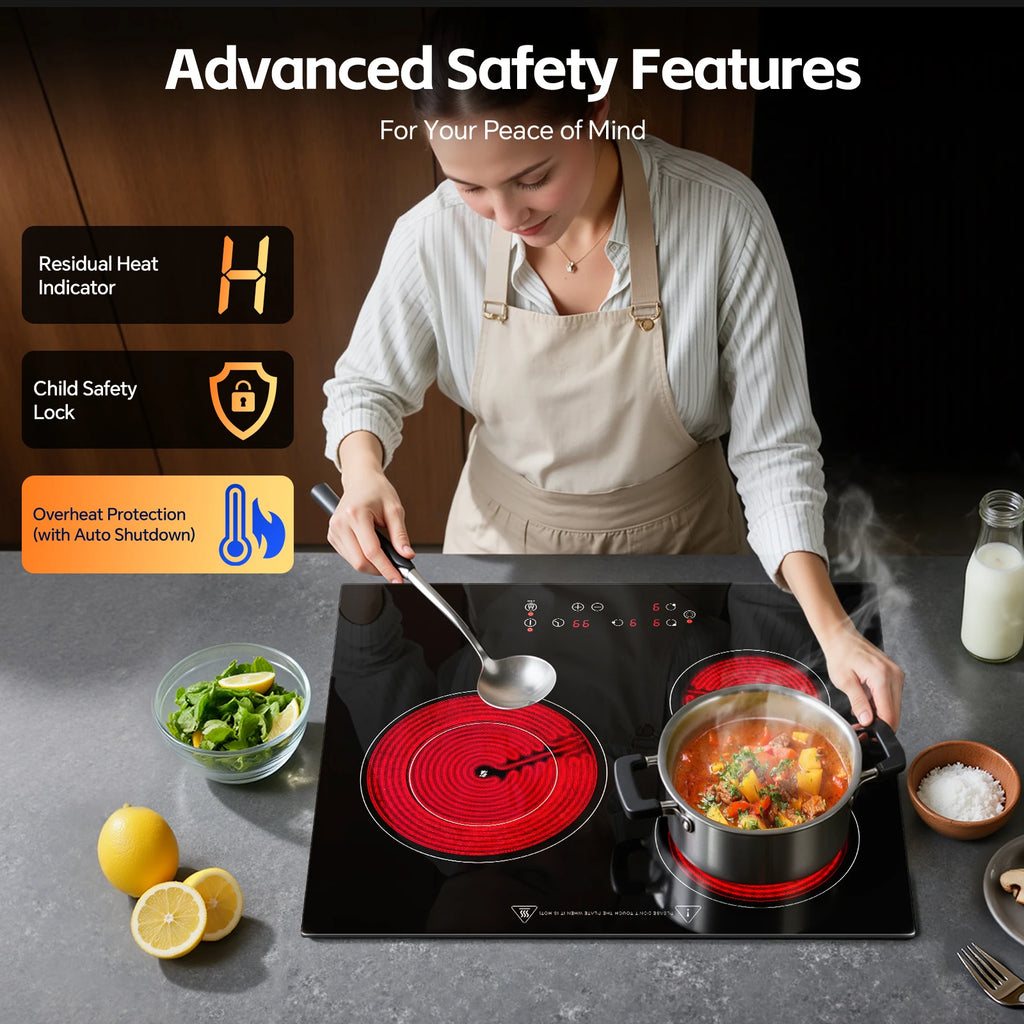 2-Zone Ceramic Hob – 3000W, Child Lock, 9 Heat Levels, 1-99 Min Timer, 60cm Black Glass (CE Certified)