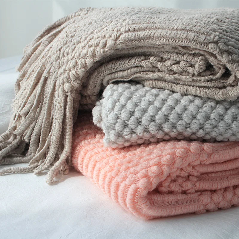 Knitted Acrylic Throw Blanket with Tassels – Chunky Farmhouse Style, 28 Colors & 2 Sizes