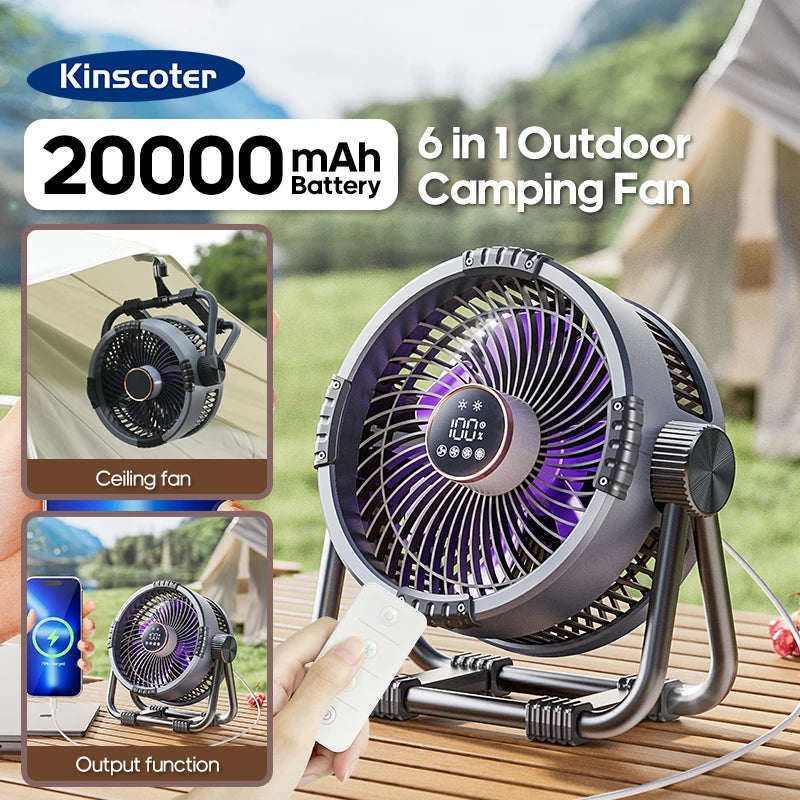 6-in-1 Portable Camping Fan – 20000mAh Rechargeable Wireless Tent Ceiling Fan with LED Light & Power Bank