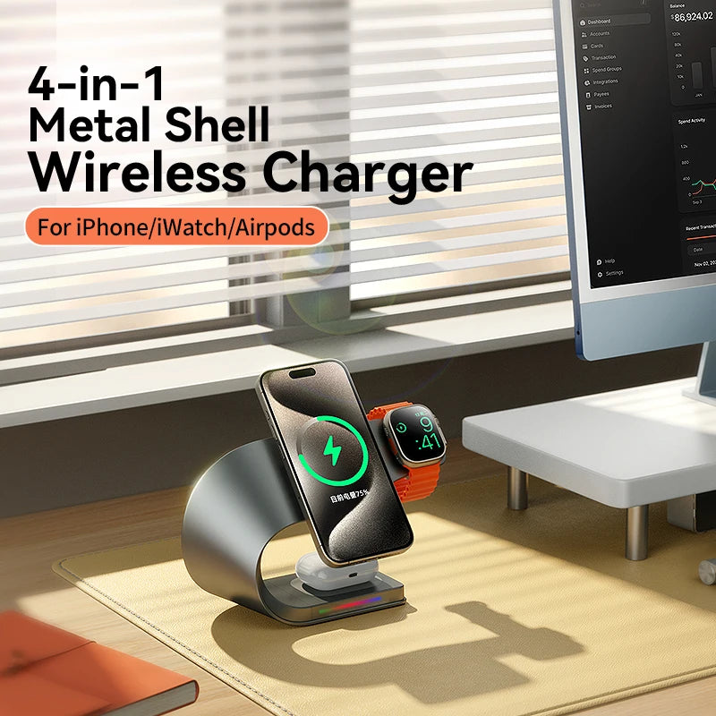 4-in-1 Metal Magnetic Wireless Charging Station 15W – iPhone 12–17, Apple Watch & AirPods