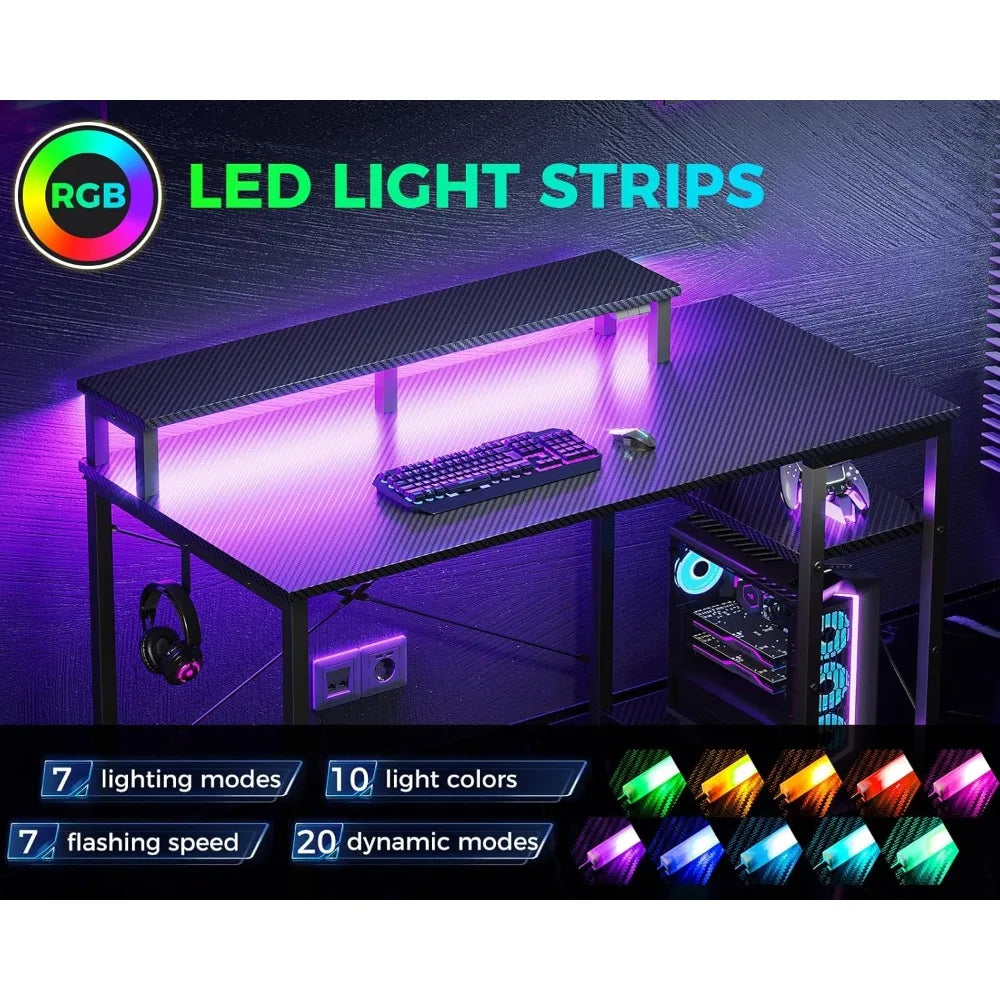 40 Inch Small Gaming Desk with LED Lights & Storage Shelf — Reversible Gamer Desk with Monitor Stand