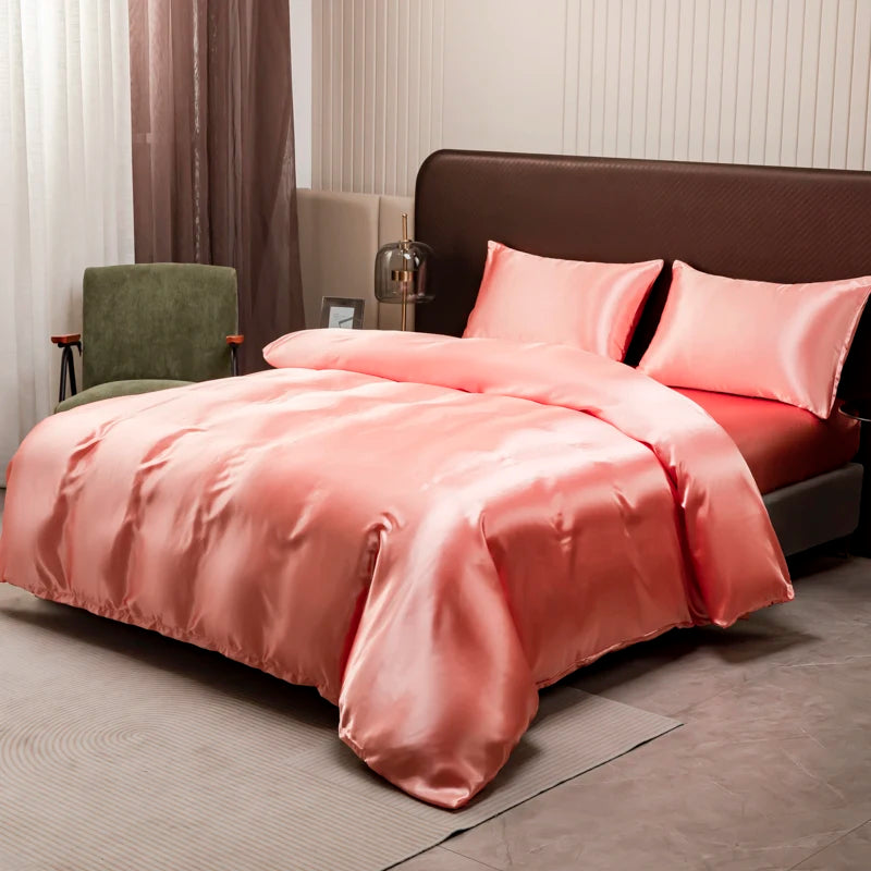 Luxury Ice Silk Satin Bedding Set – Solid Color Duvet Cover with Pillowcases, Queen & King