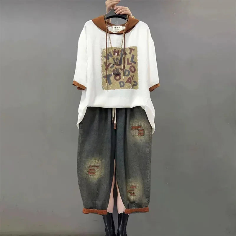 Women's Loose Plus Size Denim Jeans Two-Piece Set | Hooded Printed Casual Fashion Suit