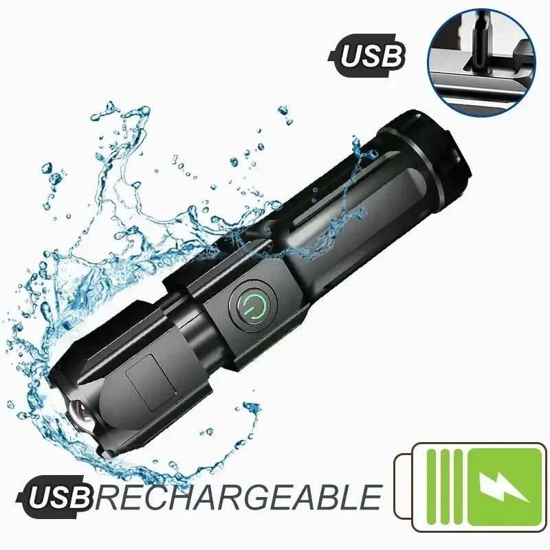 F15-T Tactical LED Flashlight – Zoomable, 4-Mode, USB Rechargeable, Waterproof Fishing Hunting Camping Torch