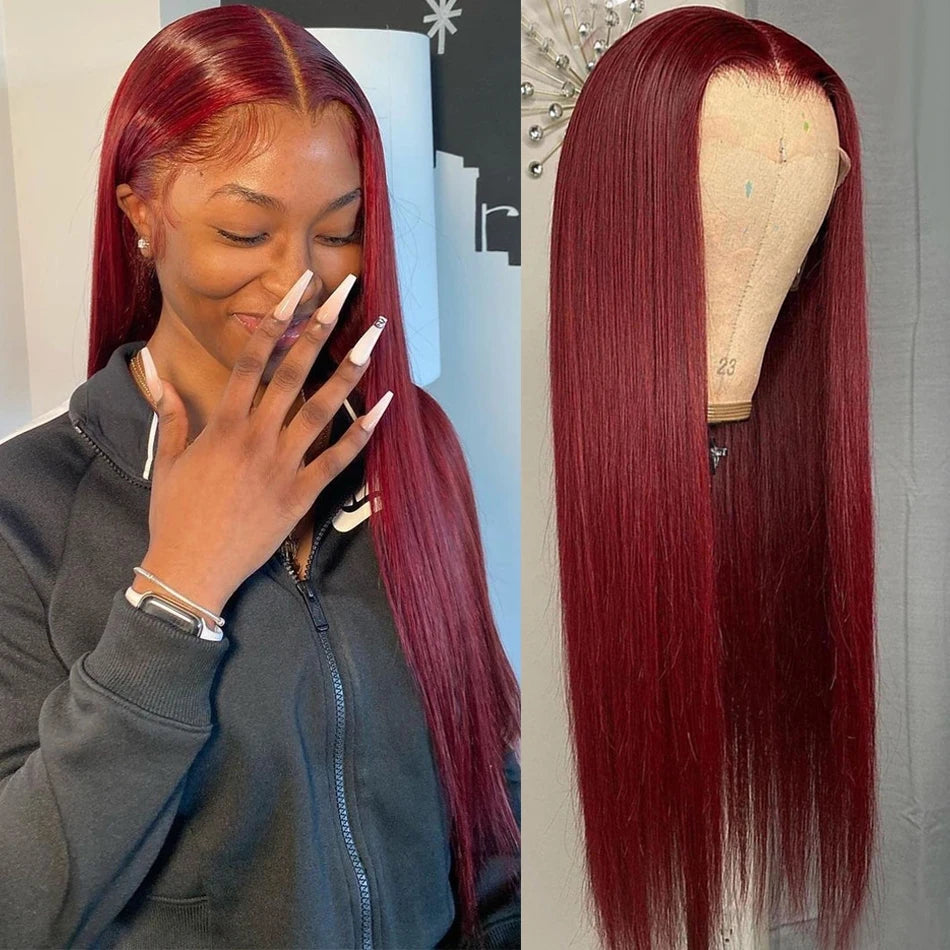 99J Burgundy Straight Lace Front Wig | 13x4 13x6 HD Lace 180% Density Pre-Plucked Peruvian Human Hair