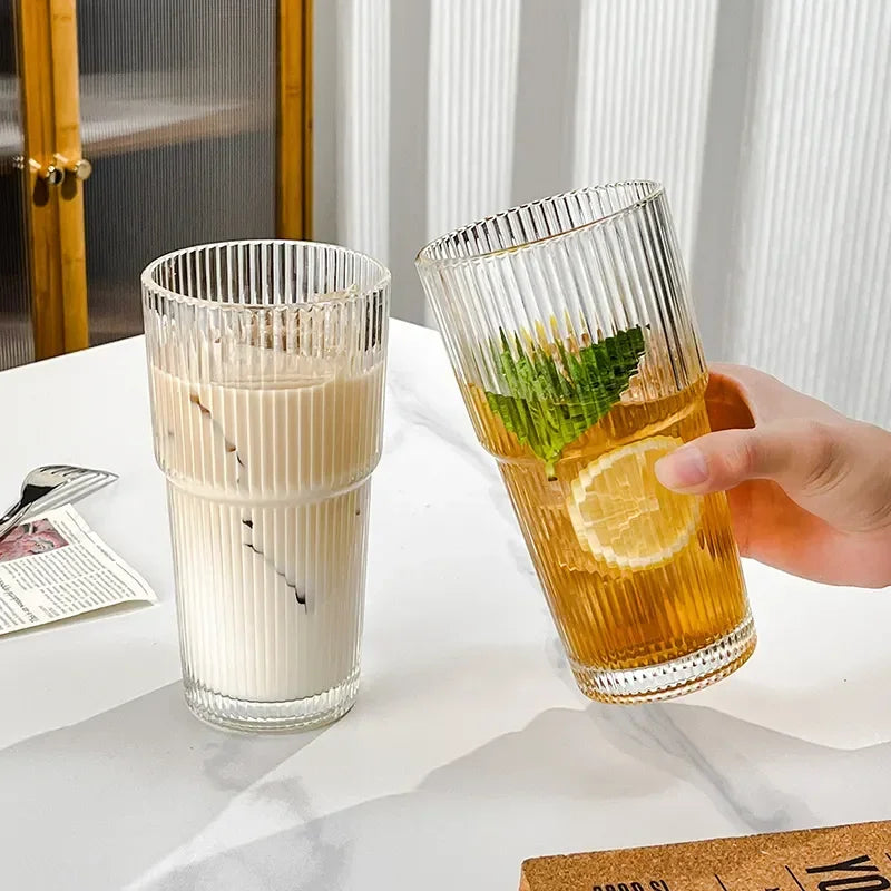 600ml Striped Borosilicate Glass Cup with Lid & Straw – Clear Iced Coffee & Smoothie Glass, CE Certified
