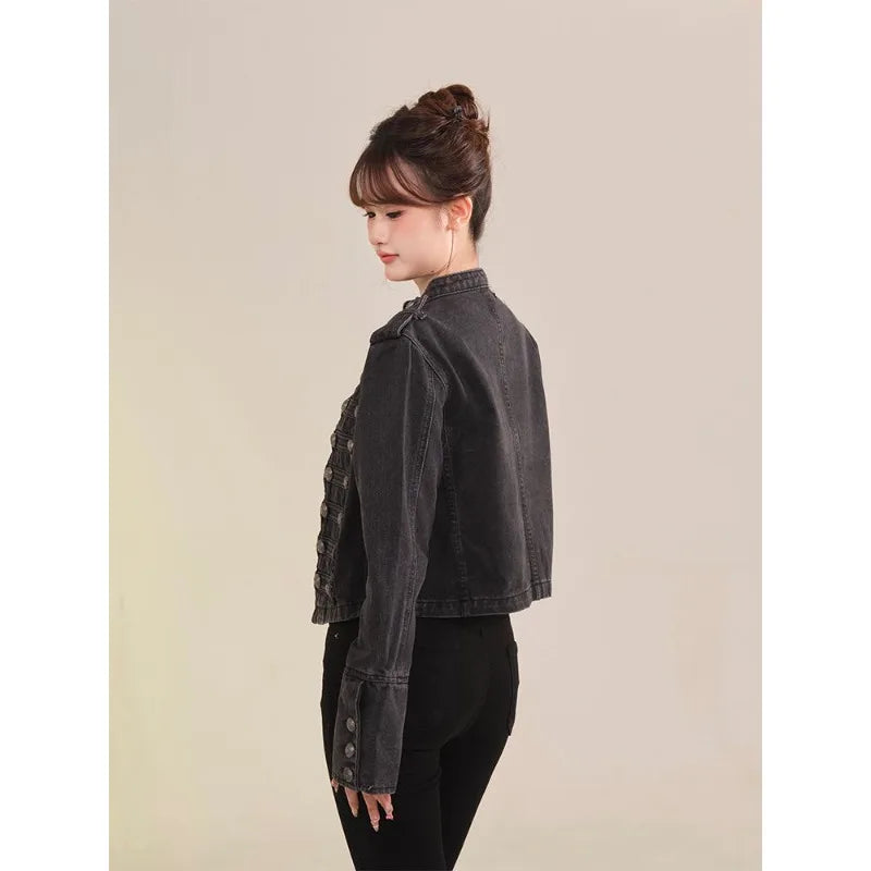 Women's Retro Button Slim Stand Collar Denim Jacket – Short Jean Coat in Black