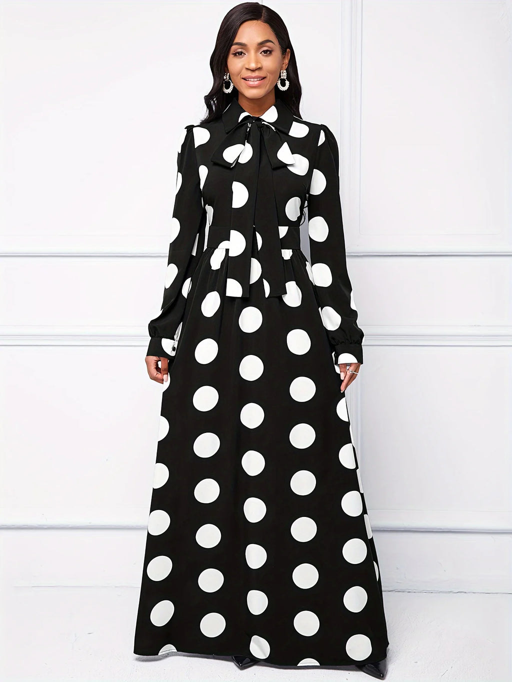 Bow Knot Polka Dot Maxi Dress — Long Sleeve Elegant Casual Lady Dress