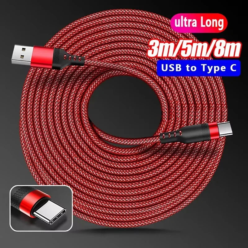 Extra Long USB Type-C Fast Charging Cable – Nylon Braided 6A Data Cord 1m–8m for Android Devices