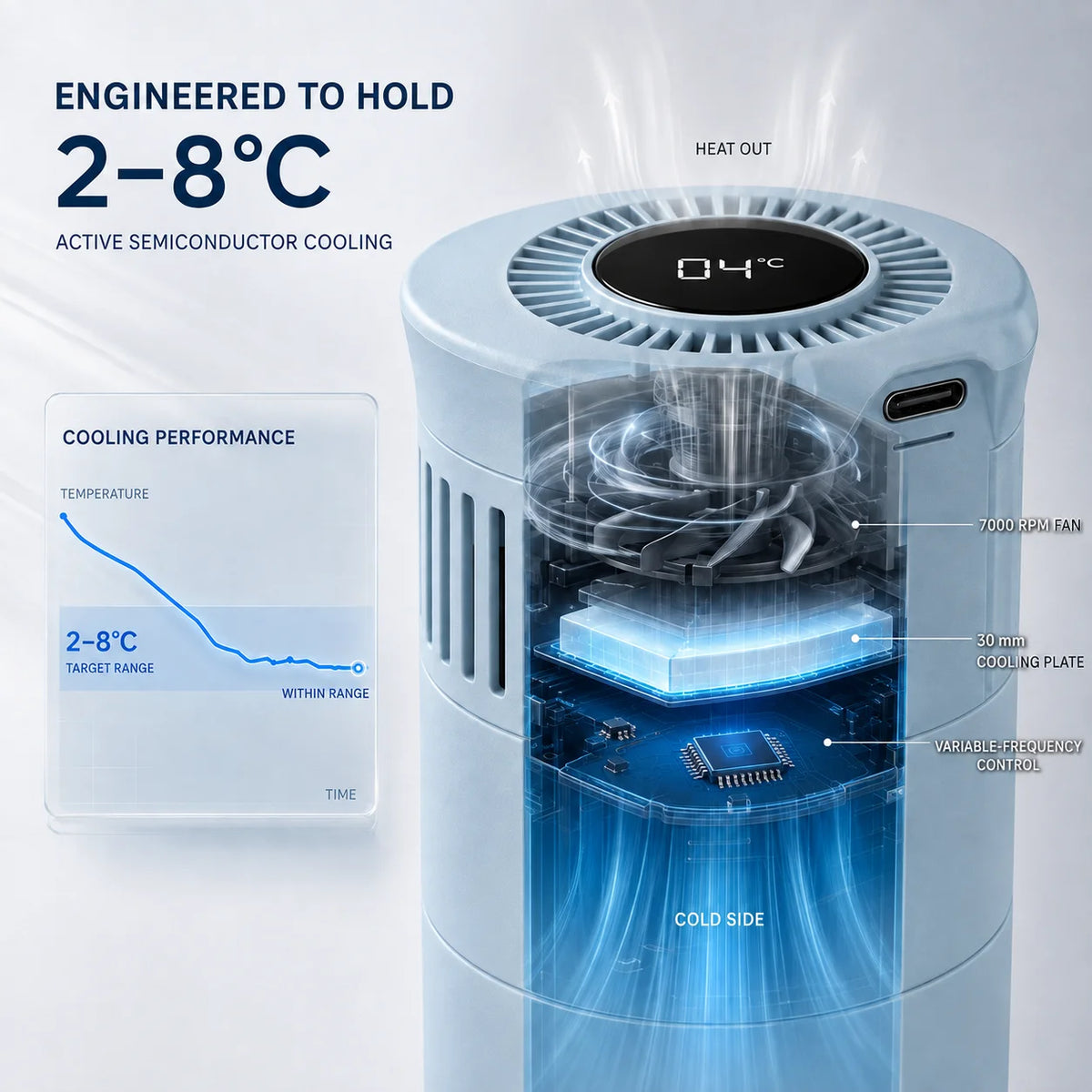Portable Insulin Cooler 2–8°C – USB-C Medicine Refrigerator with Digital Display for Travel & Medication Cold Storage