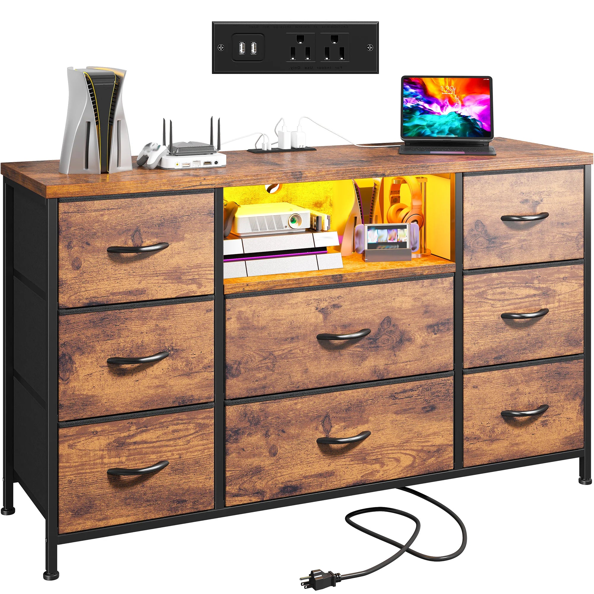 8-Drawer Media Dresser with LED Lighting & Built-In Charging Station — Fabric Storage Cabinet for 55" TVs