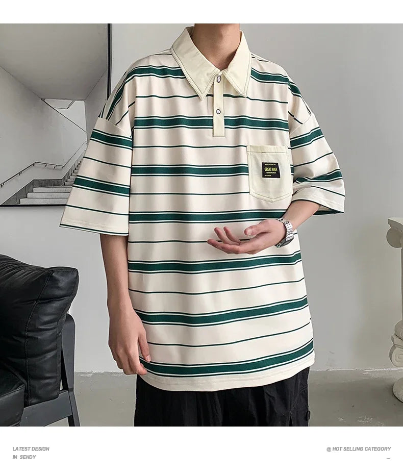 Men's Striped Polo Shirt — Loose Fit Short Sleeve Casual Summer Top