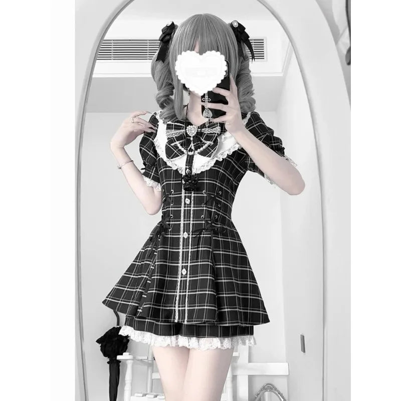 Japanese Gothic Lolita Mini Dress — Harajuku Y2K Bow Lace Ruffle Party Dress