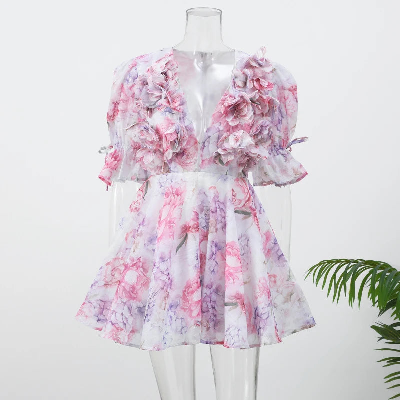 Tie-Dye 3D Flower Mini Dress — Deep V-Neck Flare Sleeve Holiday Dress
