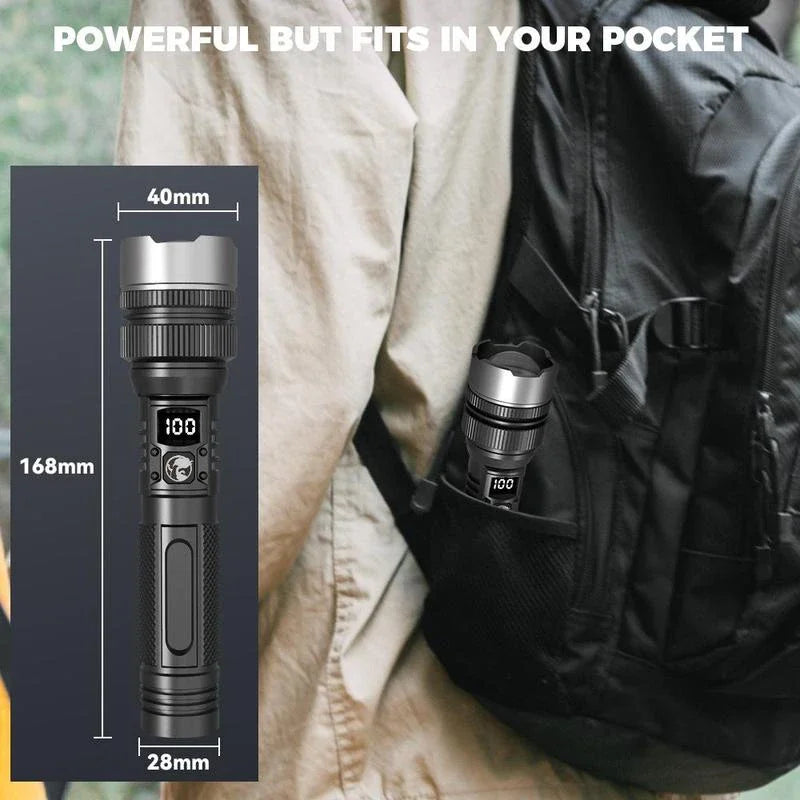 Lenovo Super Bright LED Flashlight – 2000 Lumen, USB-C, Digital Display, IPX8 Waterproof, Zoomable Camping Torch