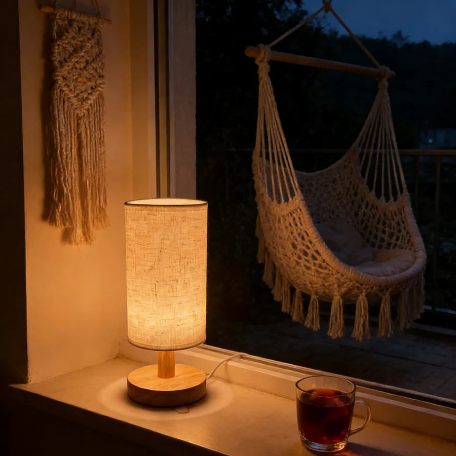 Wooden Bedside Lamp – USB Light with Linen Shade