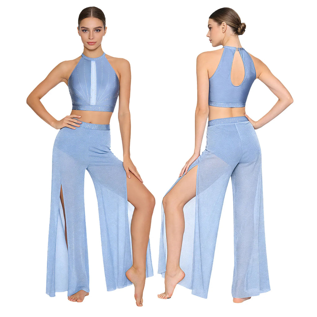 Women's Dance Performance Costume – Shiny Crop Top & Sheer Pants for Skating, Gymnastics & Ballet