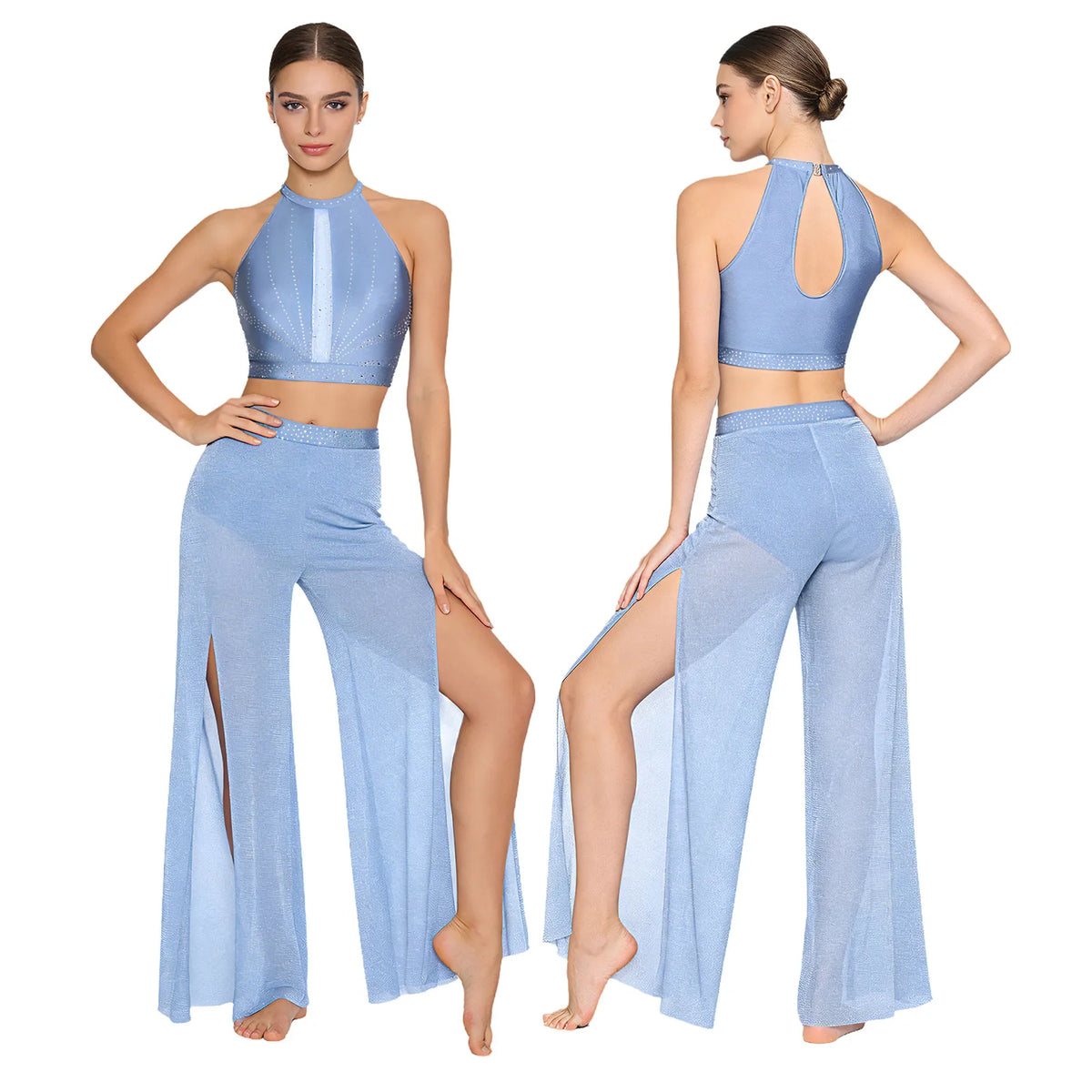 Women's Dance Performance Costume – Shiny Crop Top & Sheer Pants for Skating, Gymnastics & Ballet