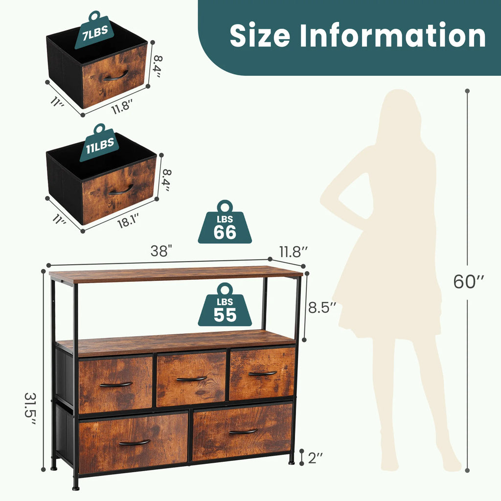 Fireplace TV Stand Dresser with 5 Fabric Drawers — Bedroom Storage Cabinet for 45" TVs