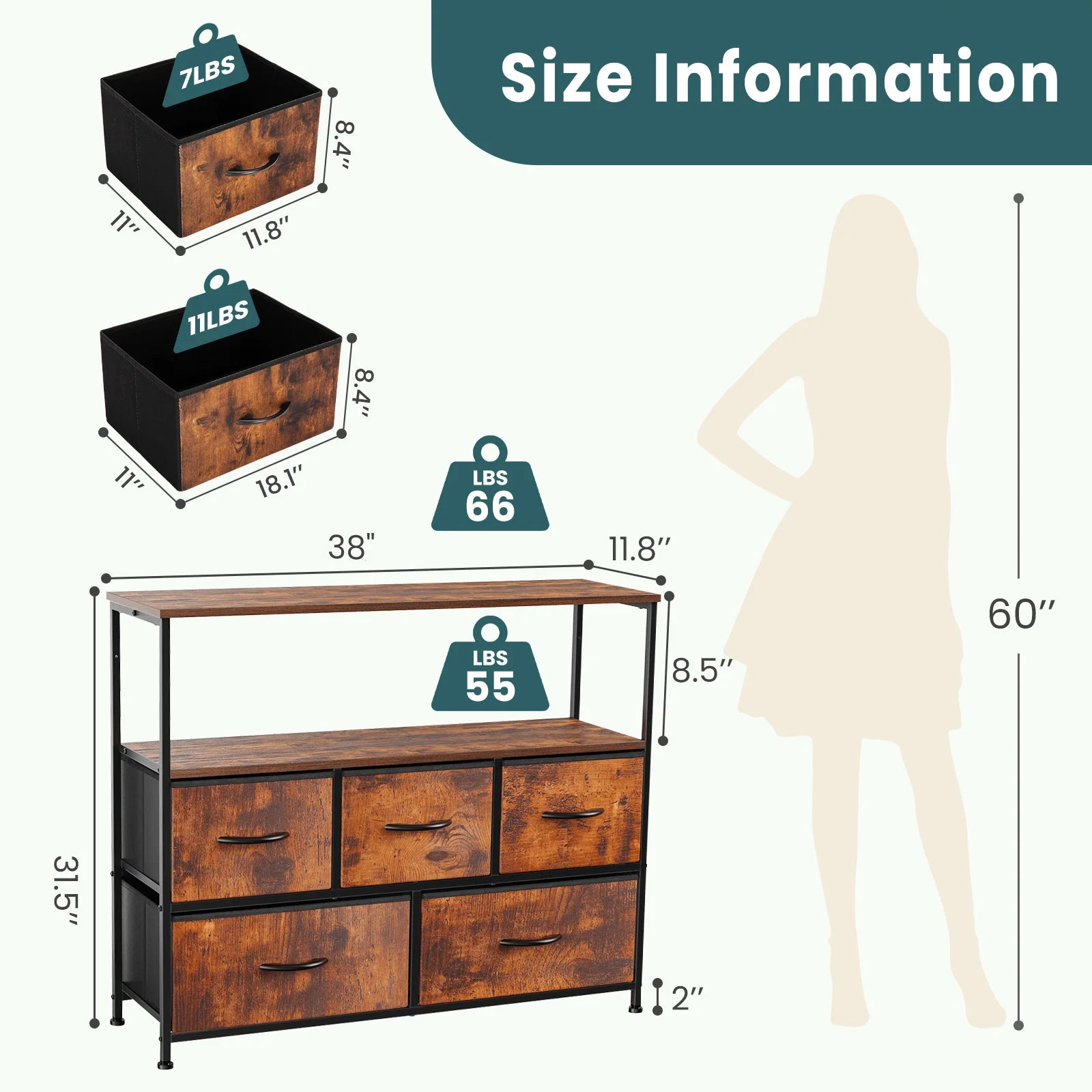 Fireplace TV Stand Dresser with 5 Fabric Drawers — Bedroom Storage Cabinet for 45" TVs