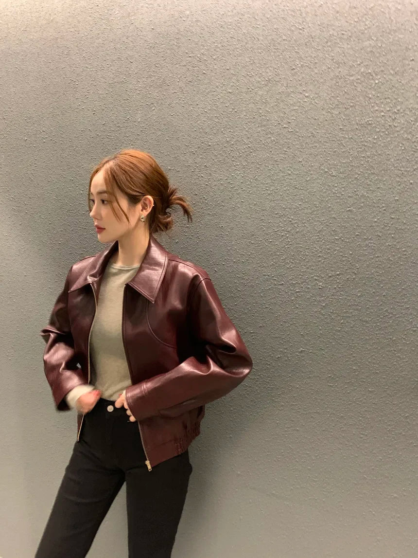 Women's Cropped Faux Leather Jacket – Lapel Zip Front