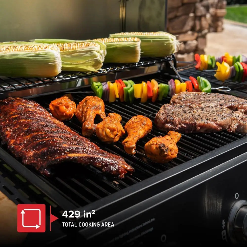 Triple Burner Propane Grill | 27,000 BTU, 429 Sq. In. Cooking Area, Stainless Steel Lid, Porcelain Grates, Side Shelves, Warming Rack
