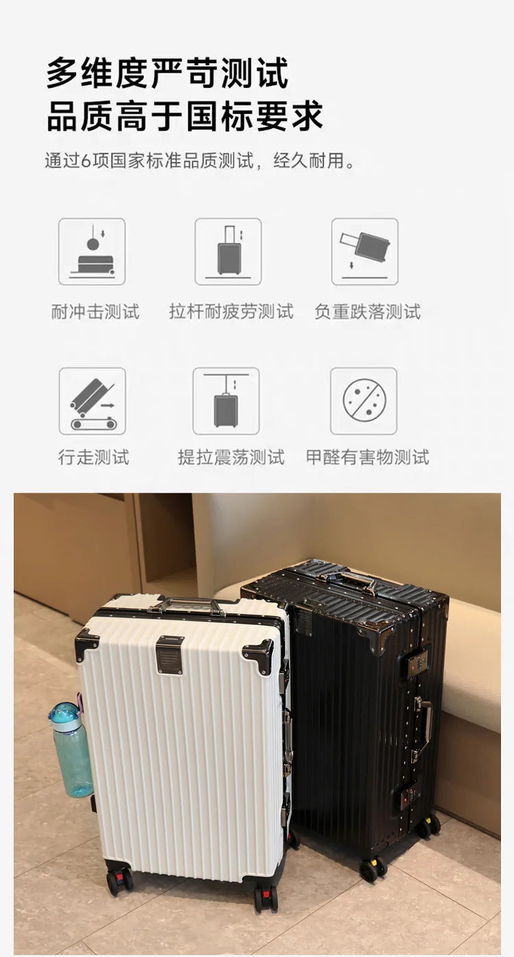 Aluminum Frame Leather Trolley Case — 20"/24"/26"/28" Universal Wheels