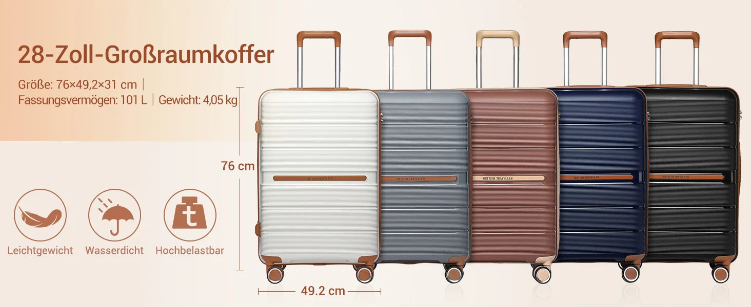 British Traveller 100% PP Hard Shell Luggage — 8 Spinner Wheels & TSA Lock