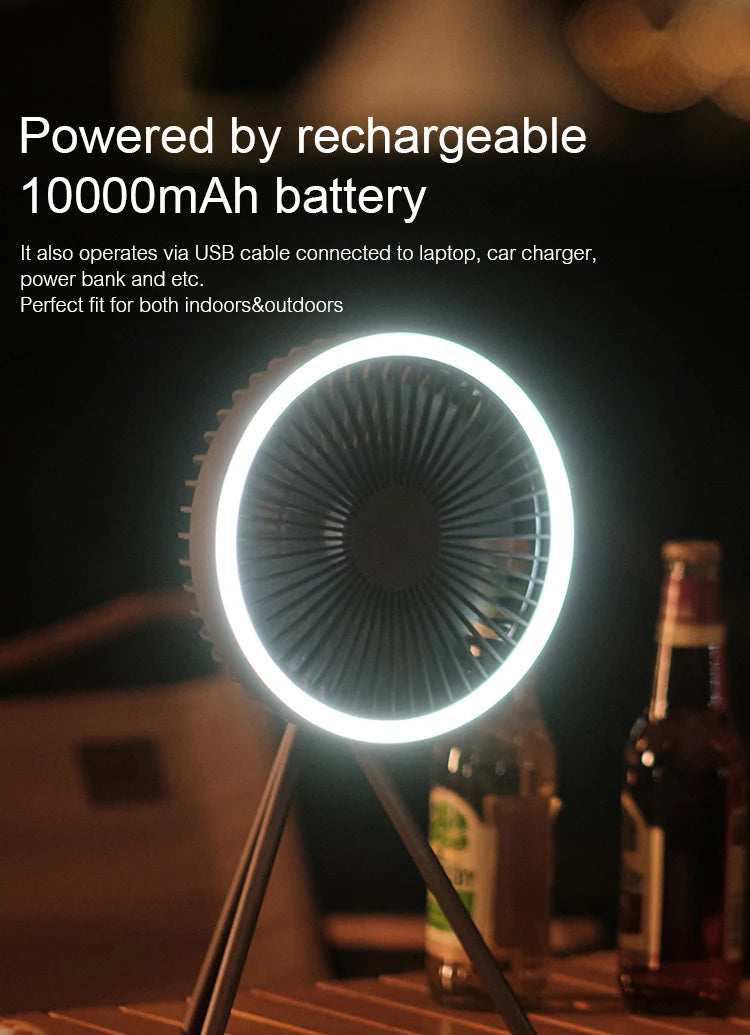 10000mAh Camping Fan – Rechargeable Portable Wireless Ceiling Fan with Power Bank & LED Lighting Tripod