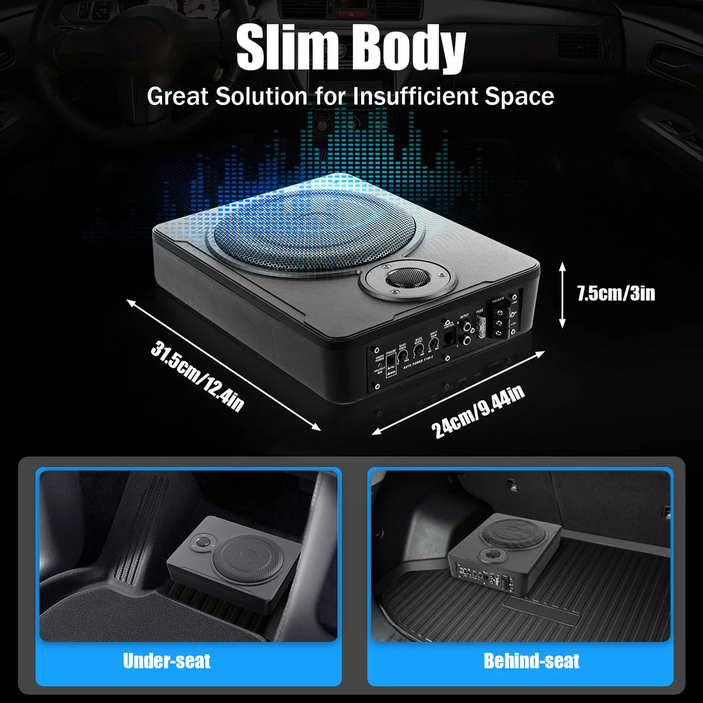 Car audio subwoofer with dimensions and placement options shown inside a vehicle.