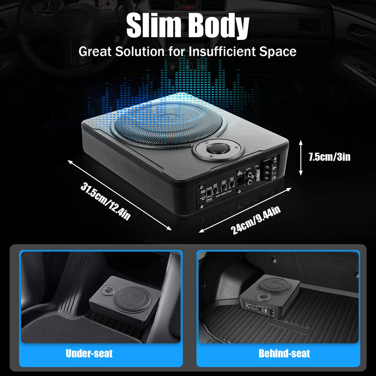 Car audio subwoofer with dimensions and placement options shown inside a vehicle.