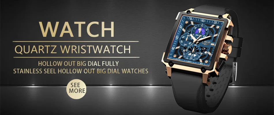 LIGE Men's Hollow Square Sport Watch | Fashion Silicone Strap Waterproof Quartz Wristwatch with Box